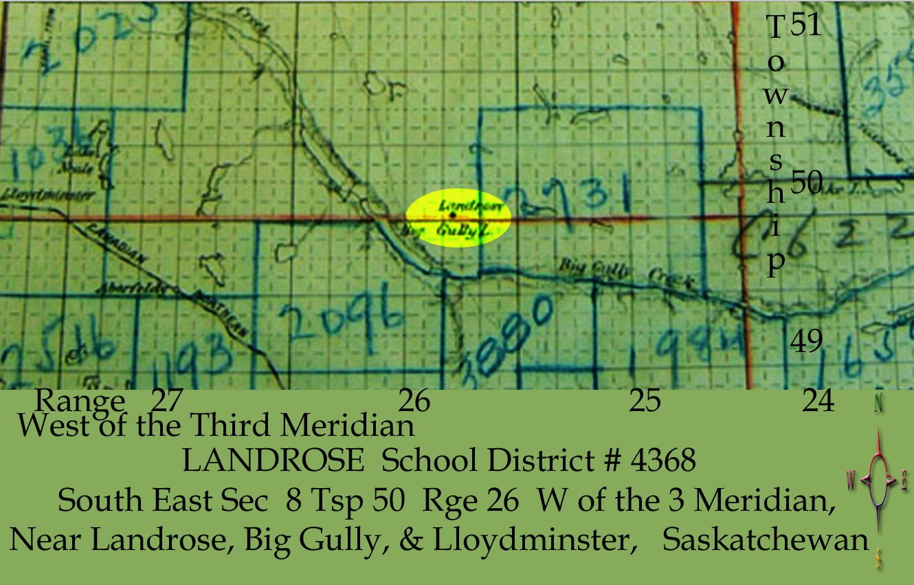 Map of the area around the LANDROSE 	School District # 4368, 	South East	Sec 	8 Tsp 50 	Rge 26 	W of the 3 Meridian, Landrose, Big Gully,	Lloydminster,   Saskatchewan, 